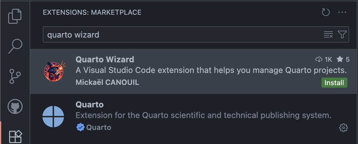 Visual Studio Code Extensions Marketplace showing Quarto Wizard search results with install button.